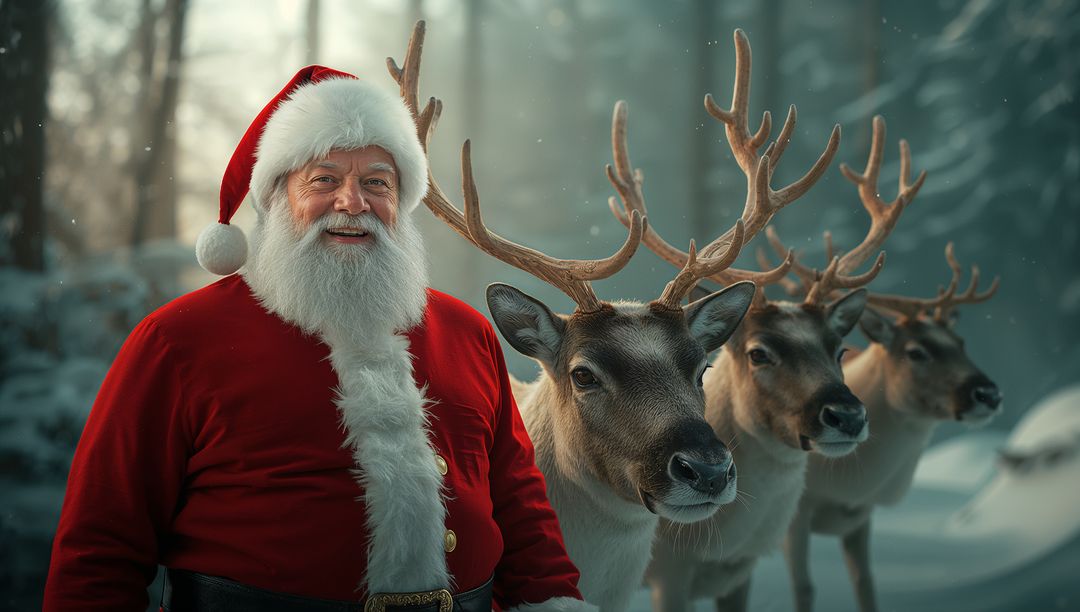 Santa Claus in Snowy Forest with Reindeer Companions