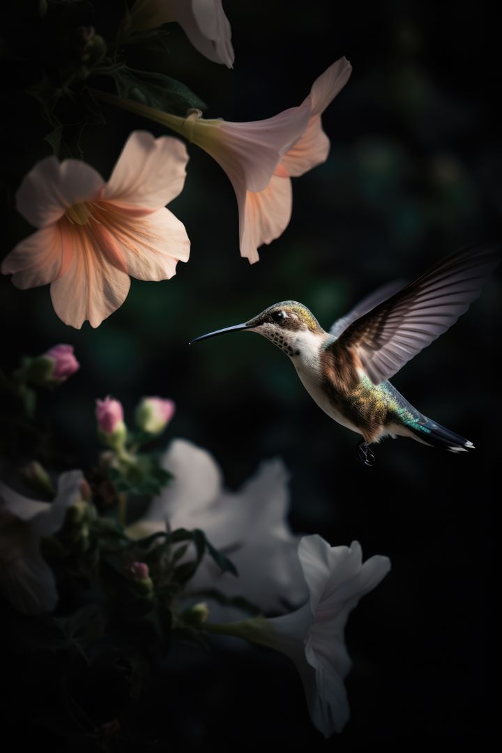 Hummingbird hovering by white flower, copy space, created using generative ai technology - Free Images, Stock Photos and Pictures on Pikwizard.com