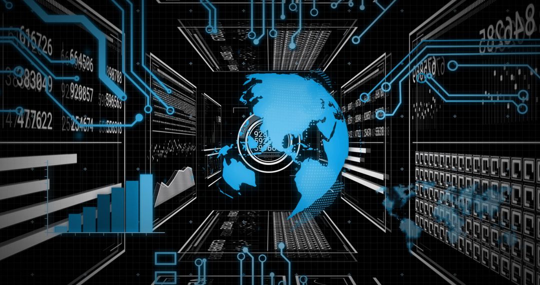 Digital World Globe in Data Tunnel with Circuit Overlays