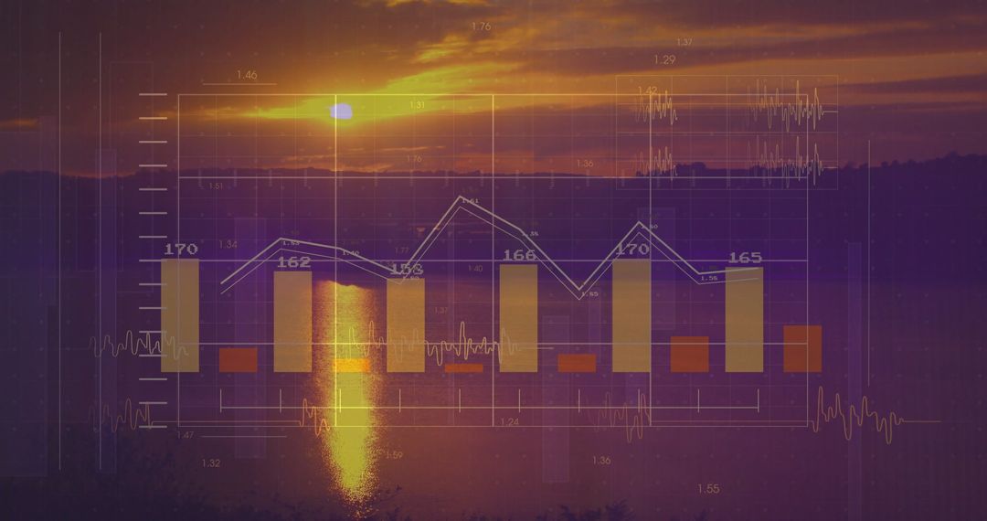 Modern Data Visualization Over Sunset Reflecting Tranquil Lake