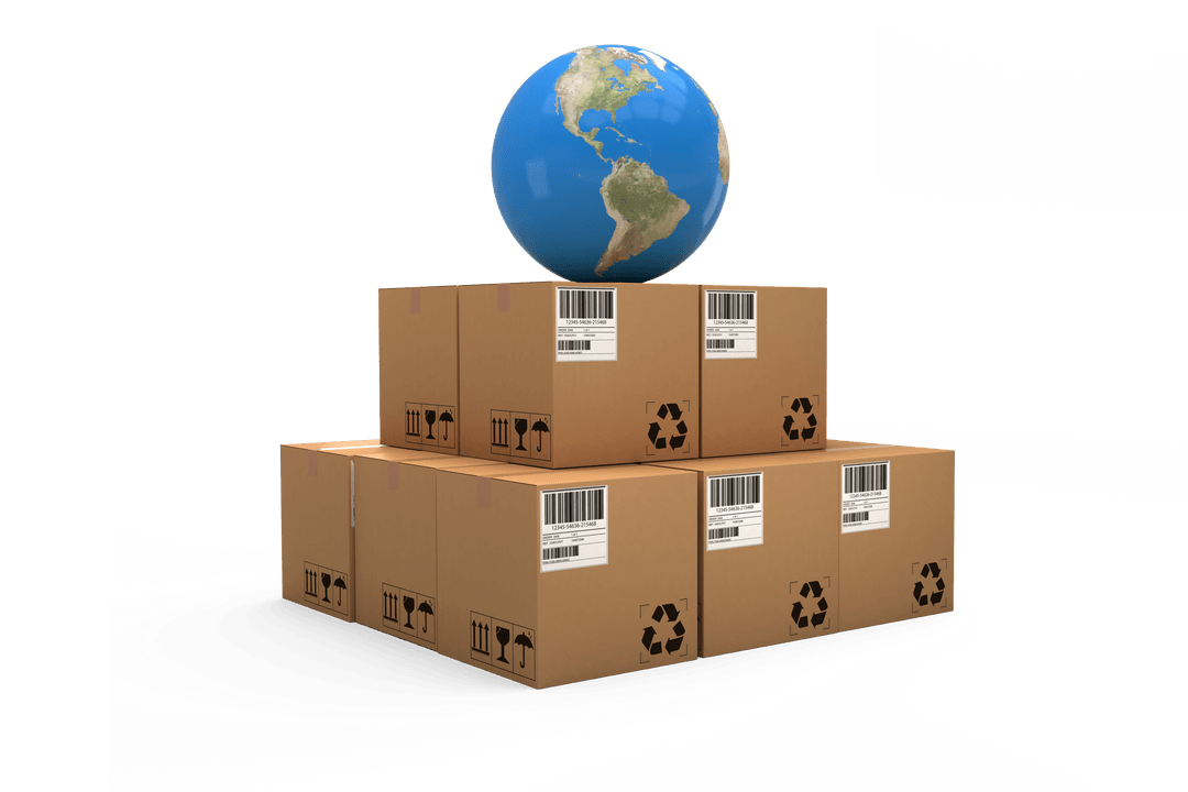 Globe on Cardboard Boxes Representing Global Commerce on Transparent Background