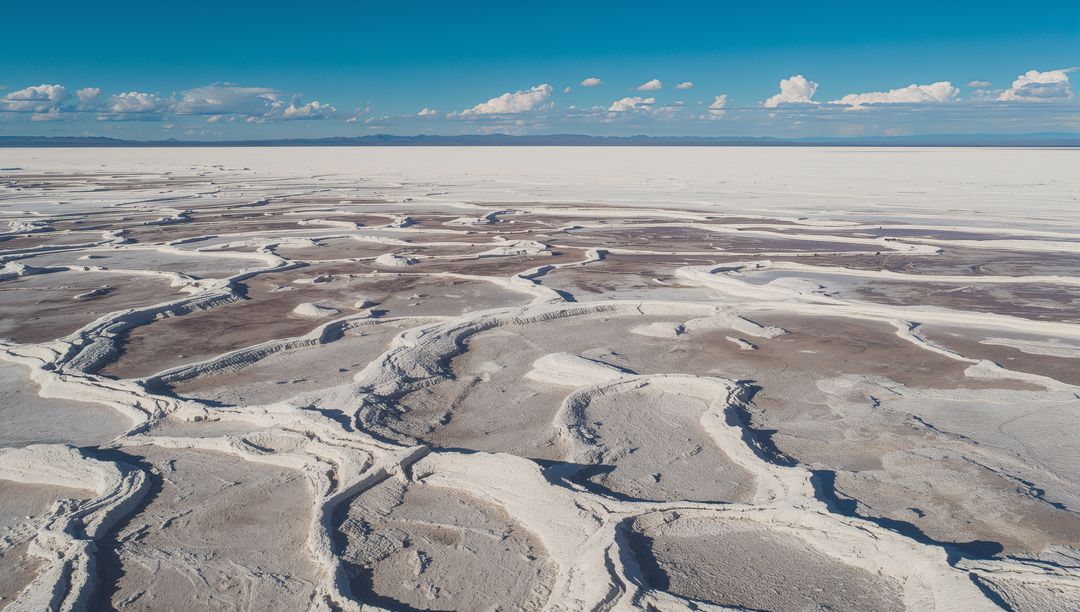 Aerial salt pan with polygonal crust ridges and hollows creating abstract desert texture