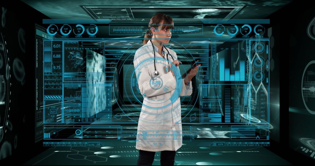 Female Doctor Using Tablet with Holographic Data in Diagnostic Lab