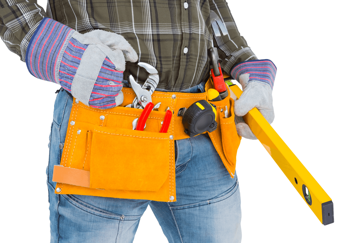 Transparent Handyman Toolkit with Spirit Level in Use