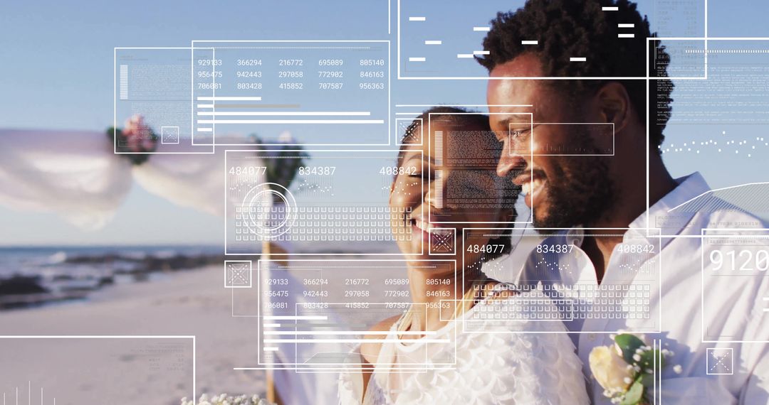 Happy Wedding Couple Under Beach Arch with Data Overlay