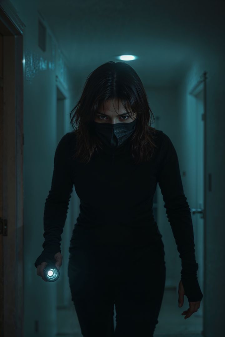 Mystery female burglar in black navigating dark hallway with flashlight