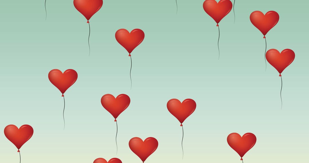 Heart Shaped Balloons Flying Against Green Gradient Background
