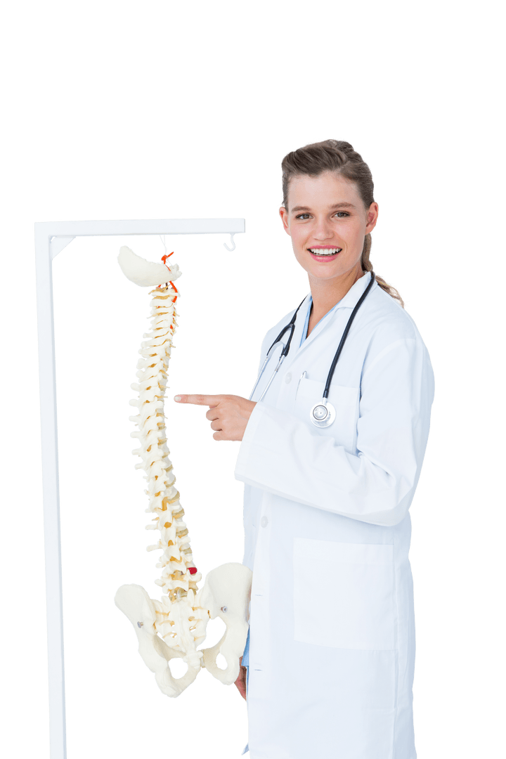 Medical Professional In Lab Coat Pointing To Transparent Spine Model