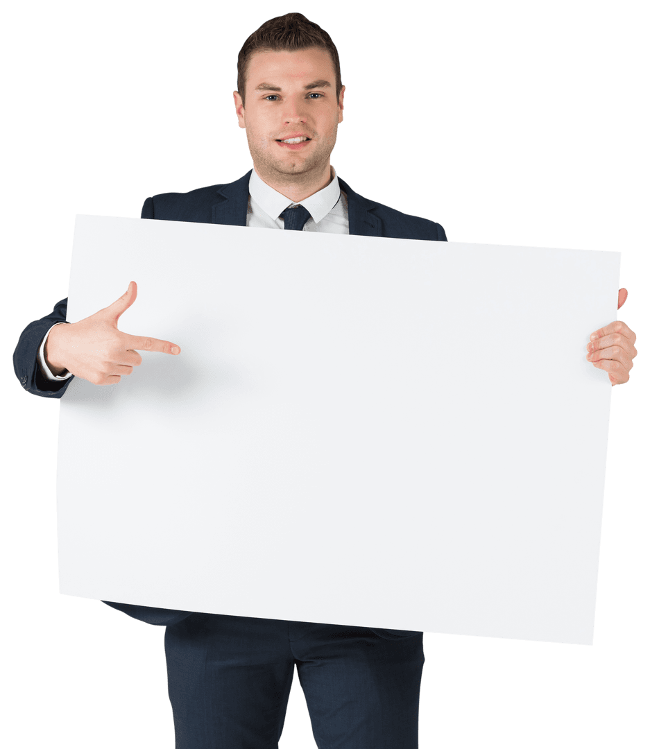 Transparent Happy Businessman in Suit Pointing at Blank Signboard