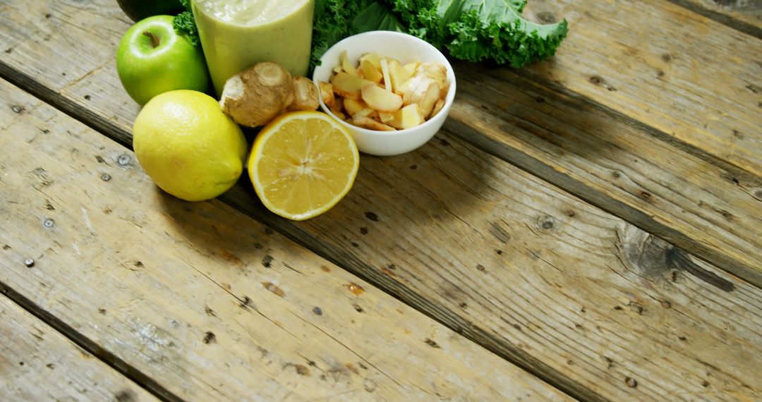 Fresh Ingredients with Green Smoothie on Rustic Wooden Table