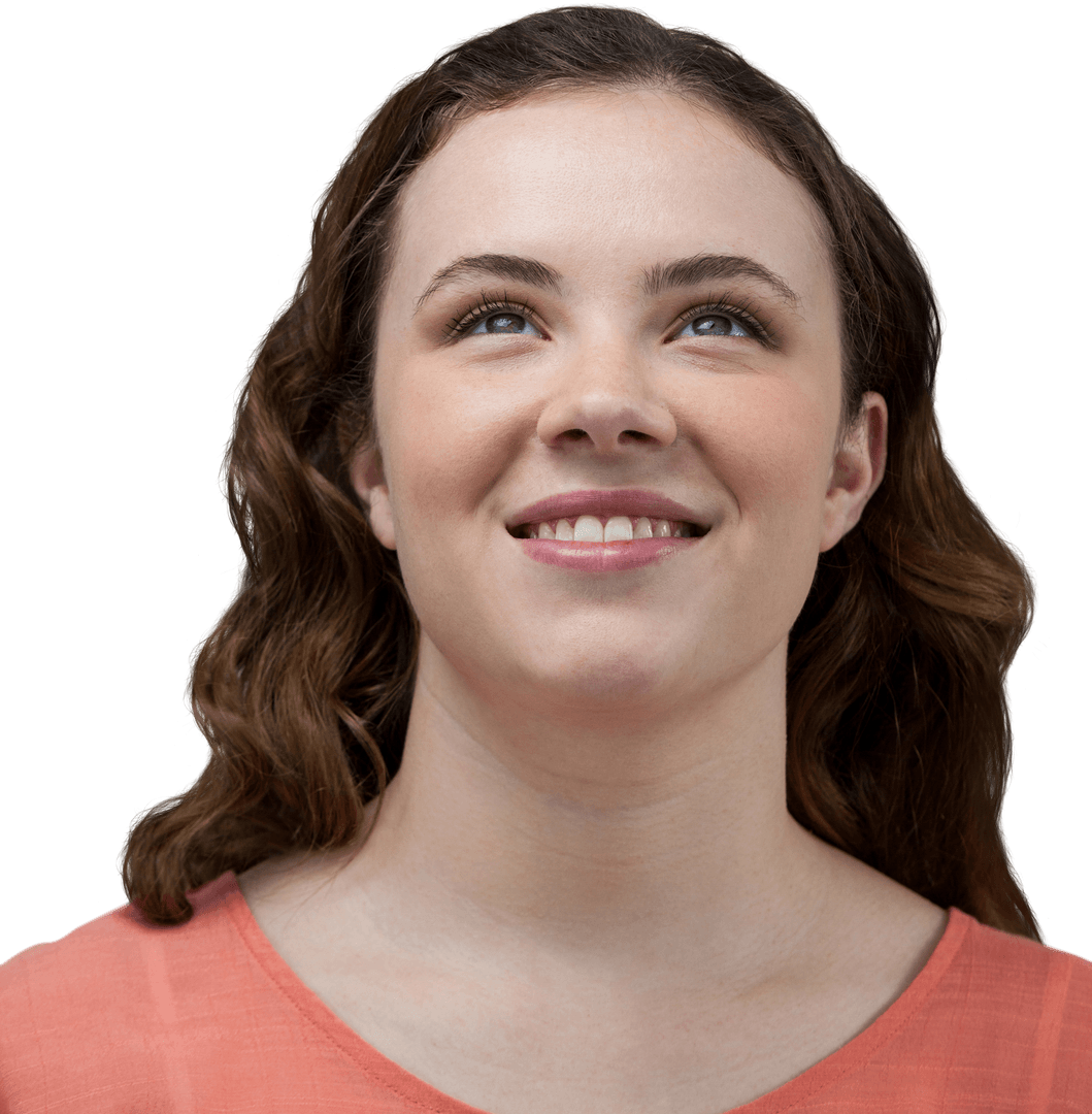Woman Smiling and Looking Up on Transparent Background