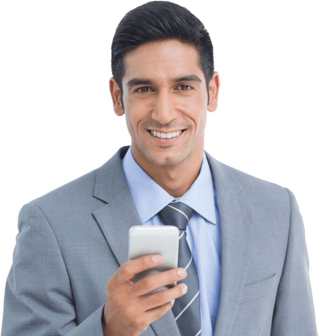 Transparent Smiling Business Professional Holding Mobile