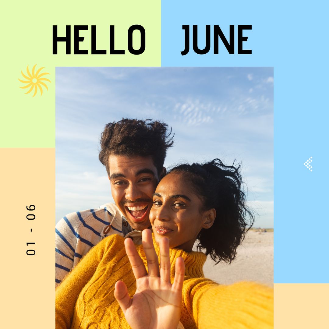 Cheerful Biracial Couple at Seaside Welcoming June