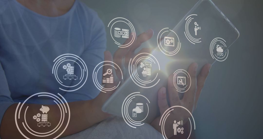 Woman Using Digital Tablet with Business Icons Overlay