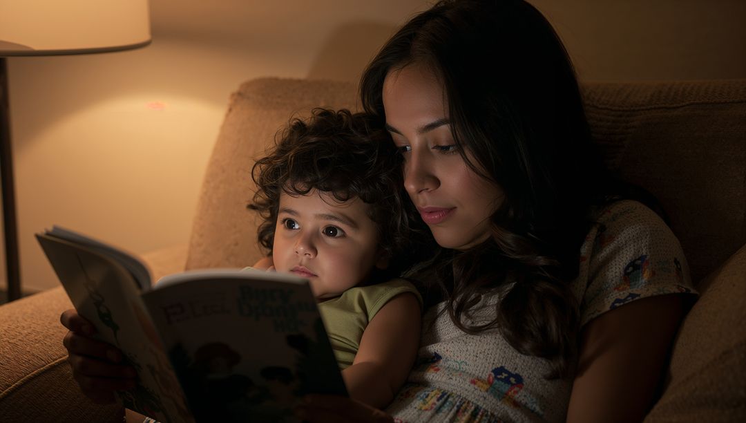 Mother Reading Picture Book to Son on Sofa Under Soft Lamp Glow