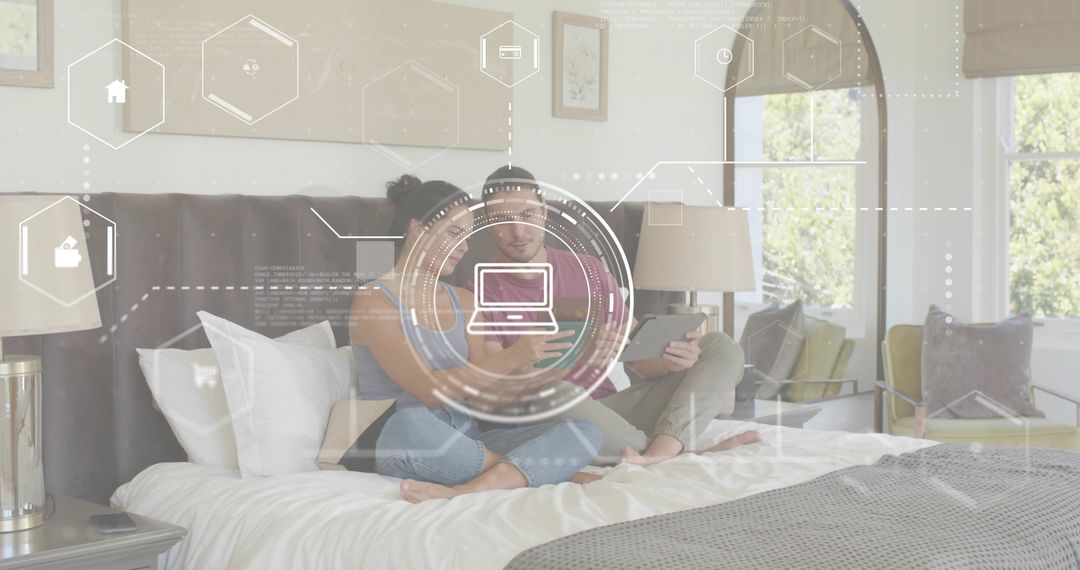 Couple Using Smartphone and Tablet on King Bed with Futuristic HUD Overlay for Smart Home