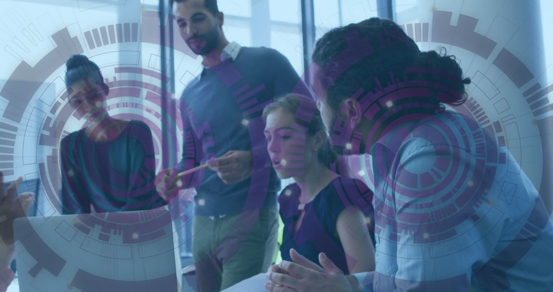 Collaborative Office Team Analyzing Data with Futuristic Graphics