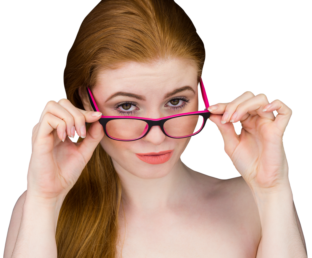 Beautiful redhead woman translucent background posing with glasses up close - Download Free Stock Images Pikwizard.com