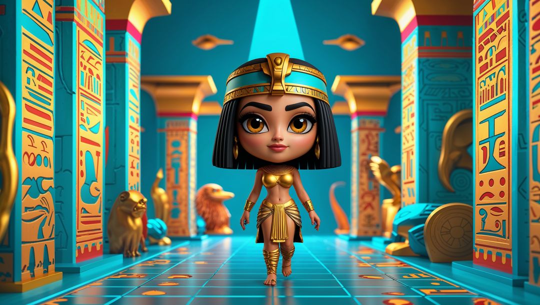 Animated egyptian queen cleopatra walking through ancient temple hall