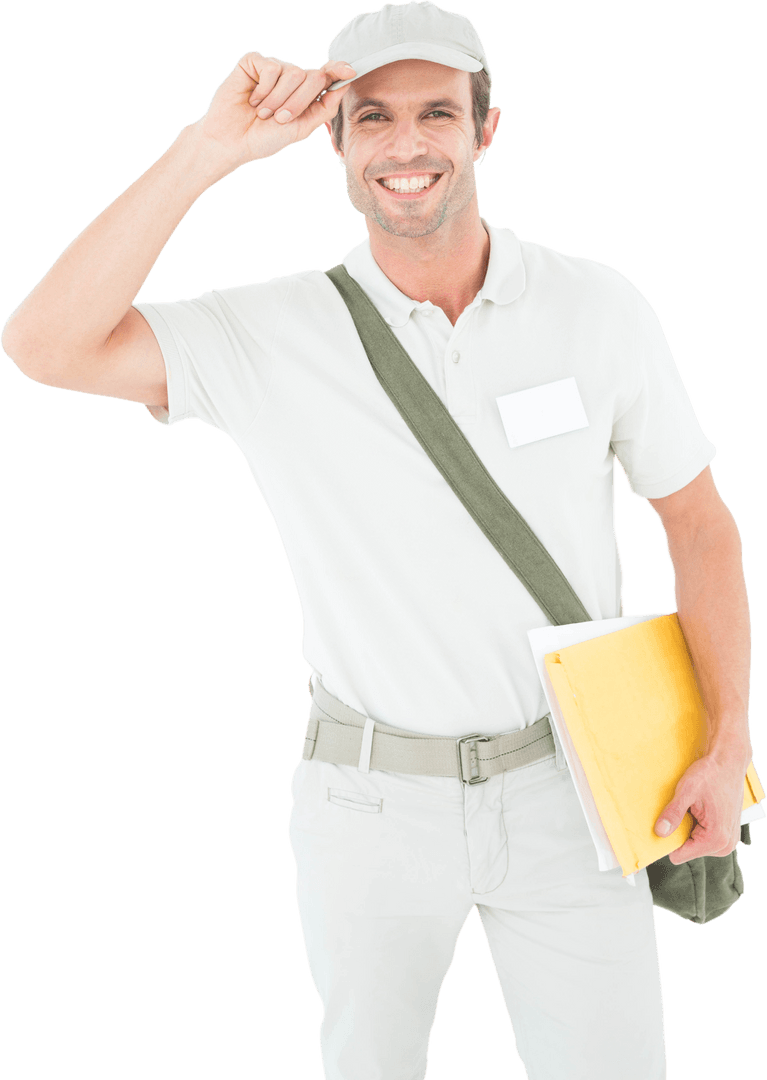 Transparent Cheerful Delivery Man Wearing Cap with Documents