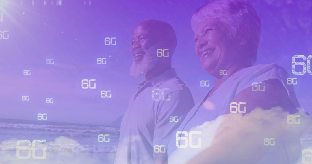 Senior Couple Envisioning Future with 6G Technology by Beach
