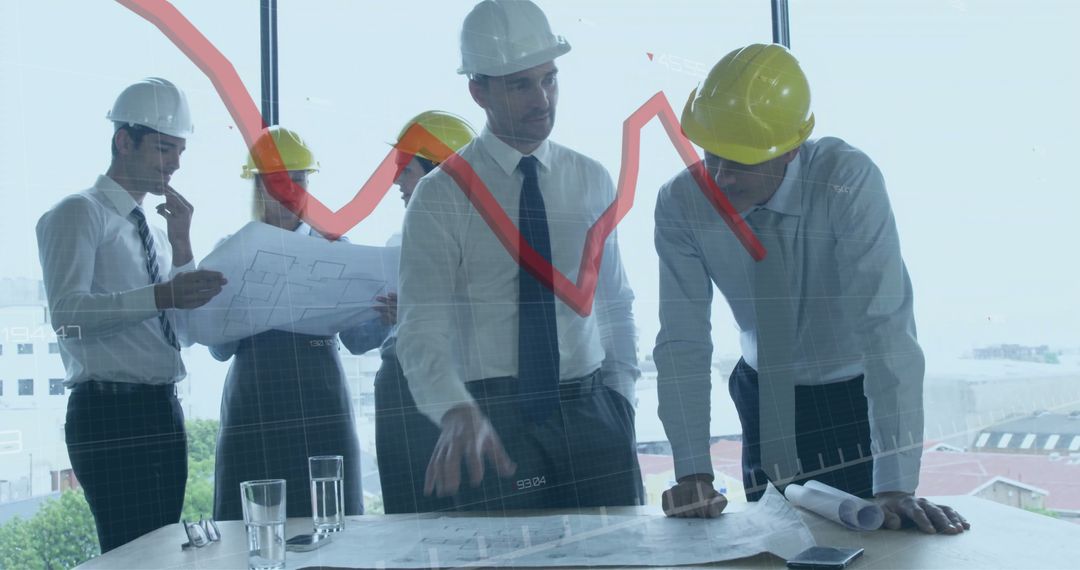 Architects Analyzing Construction Plans with Digital Data Overlay