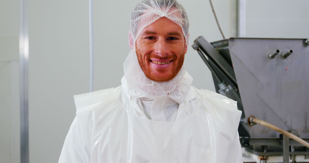 Butcher in Protective Gear Holding Raw Meat