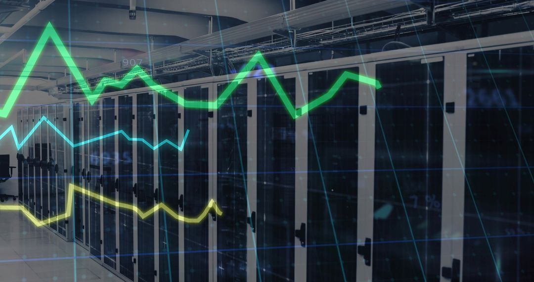 Futuristic Data Center with Overhead Neon Graphs