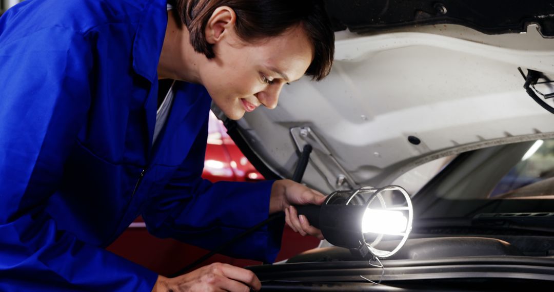 Female mechanic examining car engine with a work light in auto repair shop - Free Images, Stock Photos and Pictures on Pikwizard.com