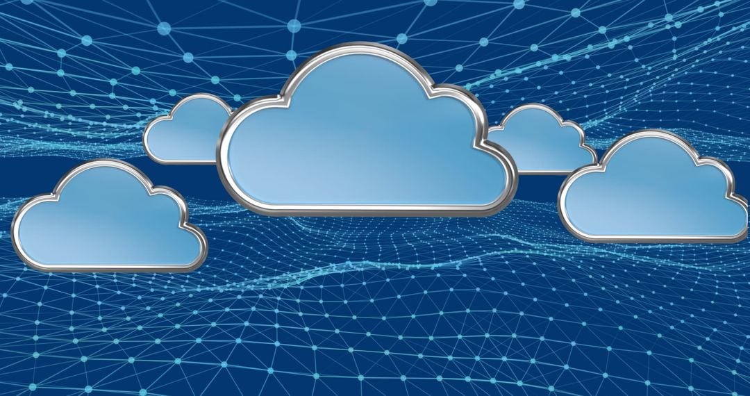 Digital Cloud Icons Over Network Grid Representing Online Storage Solutions
