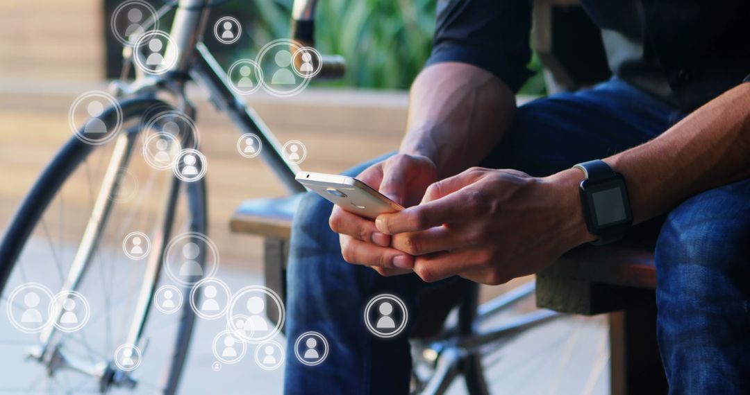 Young Man Using Smartphone with Overlay Social Media Icons