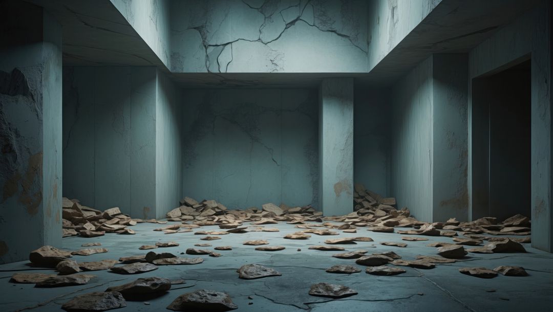 Abandoned Concrete Chamber with Rubble and Cracked Pillar