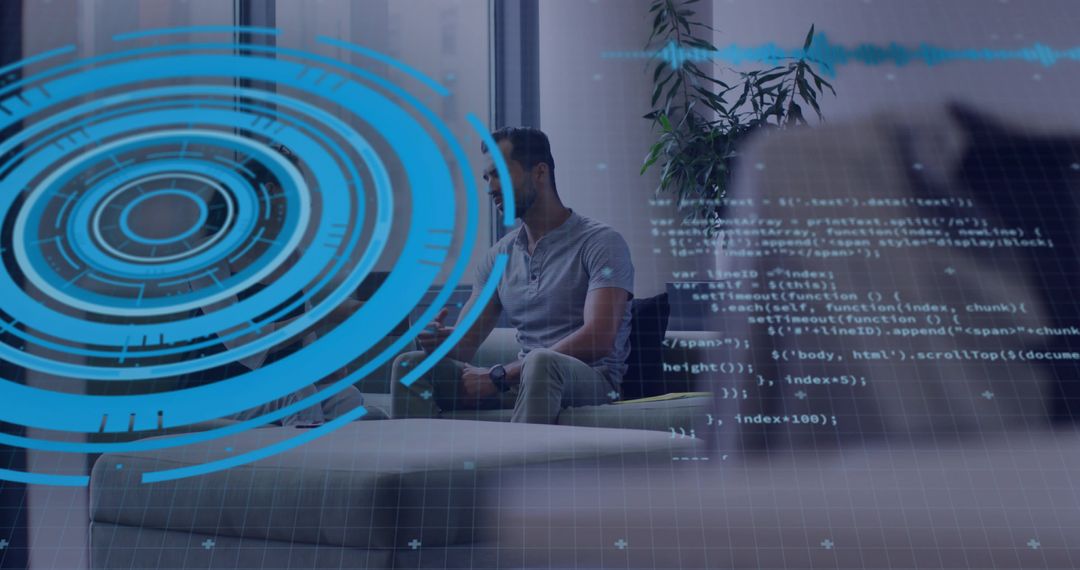 Young professional sitting on sofa with blue HUD overlay, code stream and waveform graphics