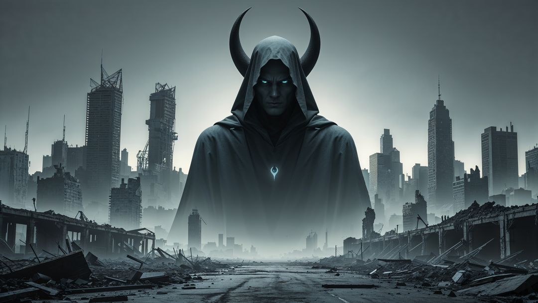 Satan figure overlooking apocalyptic cityscape