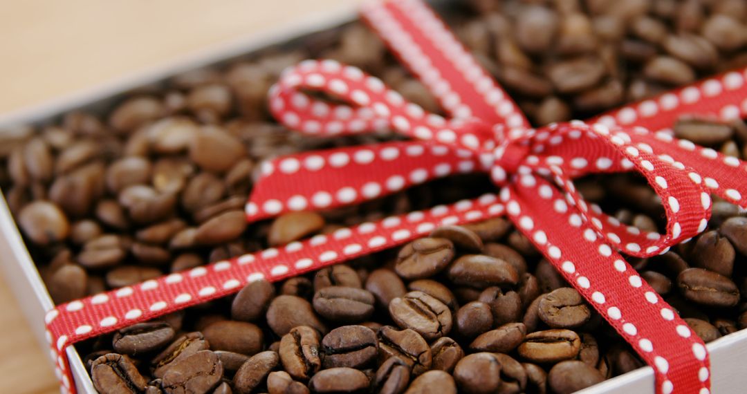 Coffee Beans Box with Red Polka Dot Ribbon: Perfect Gift - Free Images, Stock Photos and Pictures on Pikwizard.com