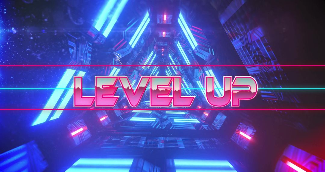 Futuristic Neon Corridor with Level Up Text Graphic