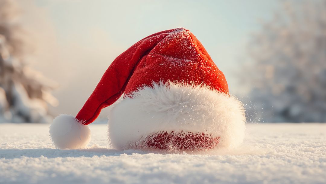 Red Santa Hat Resting on Fresh Snow with Sparkling Snow Crystals
