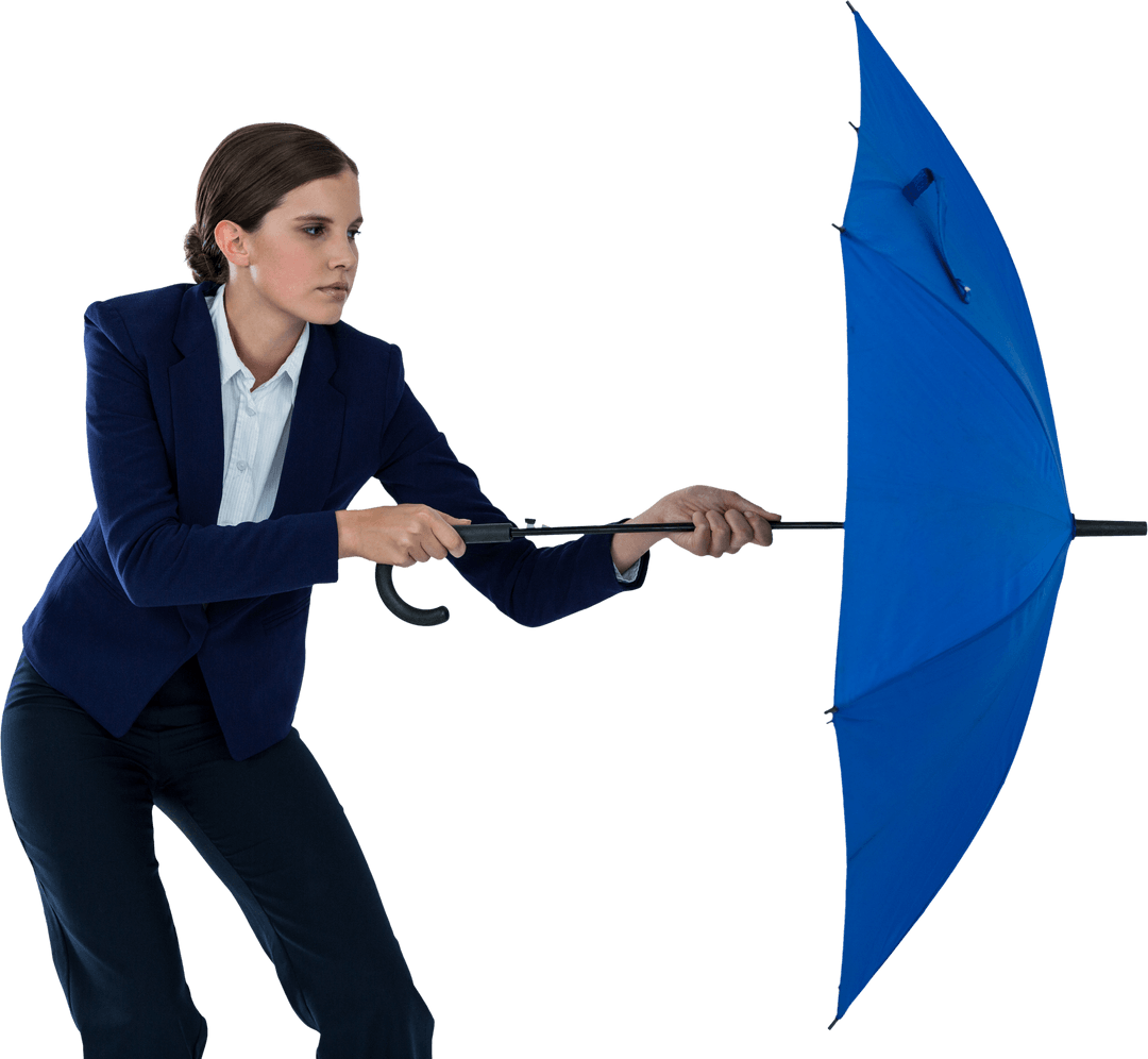 Transparent Confident Businesswoman Defending With Strong Blue Umbrella