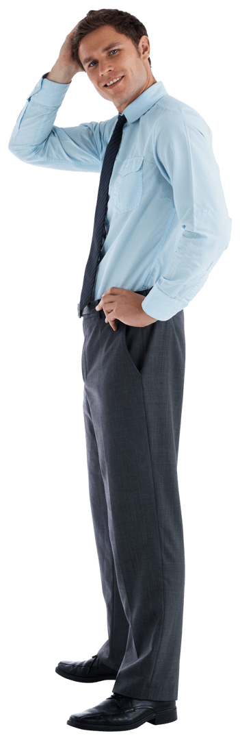 Transparent Confident Businessman Posing with Hand on Head