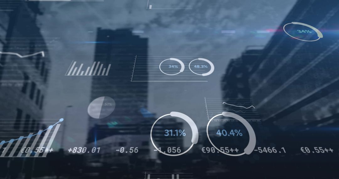 Futuristic Financial Data Overlaid on Urban Skyline