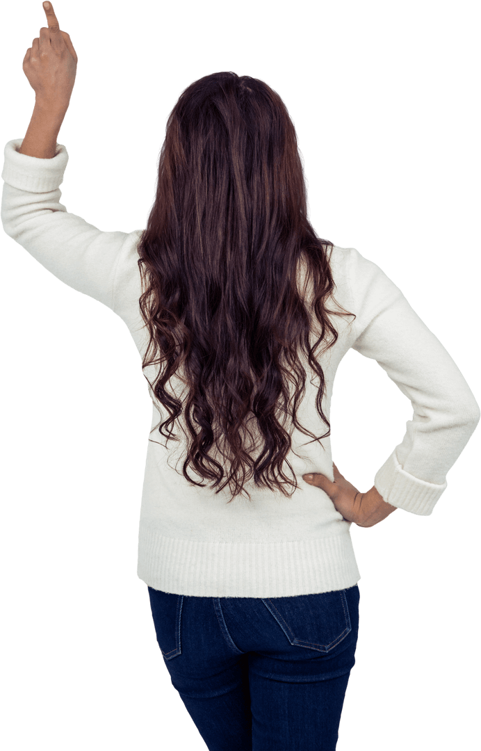 Rear View of Brunette Woman in Sweater Pointing Upward on Transparent Background
