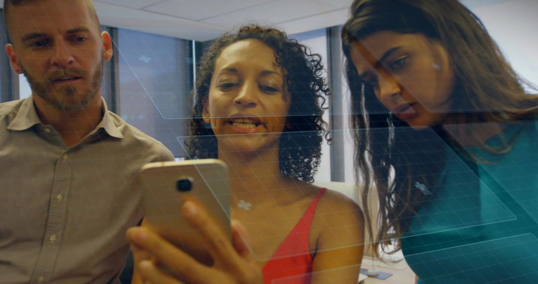 Office Team Collaborating Over Smartphone With Augmented Reality Grid Overlay