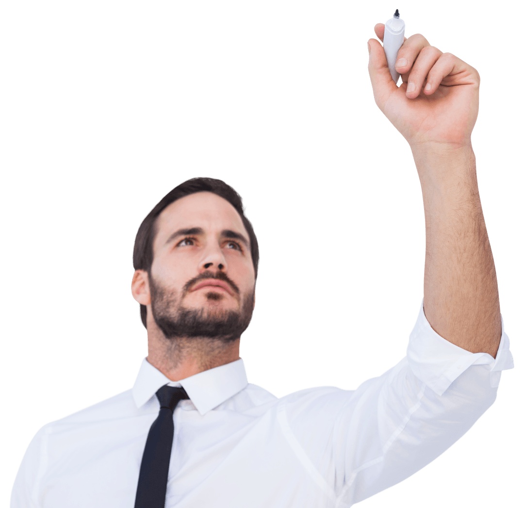 Focused Businessman Writing with Marker on Transparent Surface