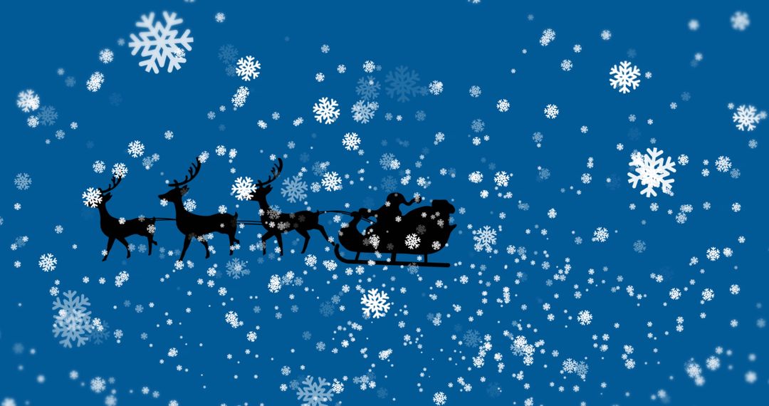 Silhouette of Santa Claus on Sleigh with Reindeer and Snowflakes