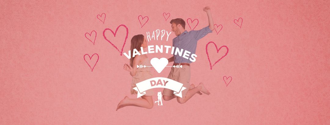 Happy Valentine's Day Couple Jumping with Hearts