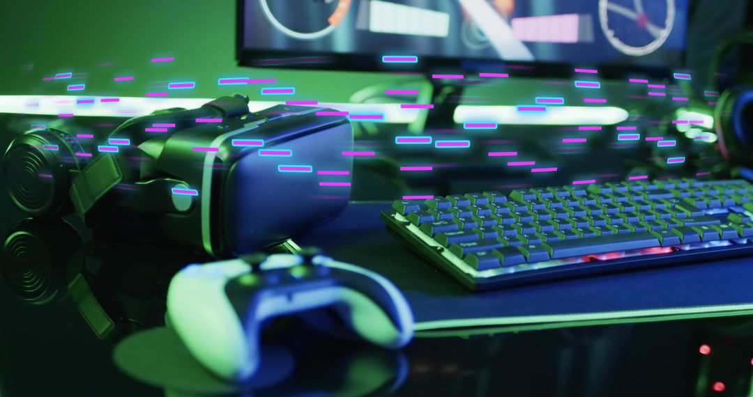 Neon Trails and Gaming Equipment on Futuristic Desk