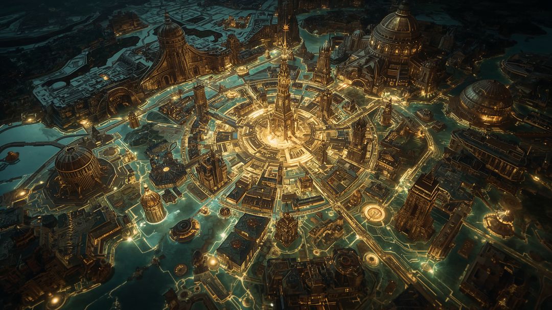 Aerial Futuristic Cityscape with Glowing Art Deco Elements