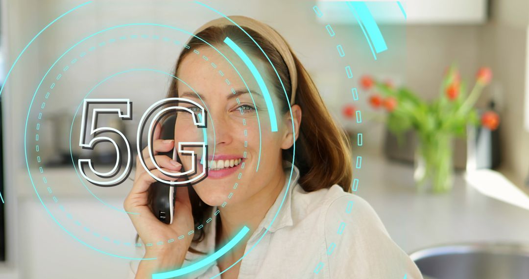Smiling Businesswoman Using 5G Smartphone in Modern Office
