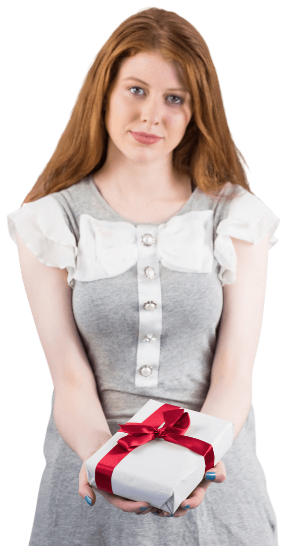 Smiling Redhead Girl Offering Gift with Bow on Transparent Background