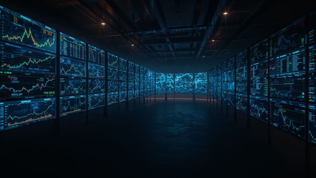 Futuristic Trading Room with Digital Financial Analytics